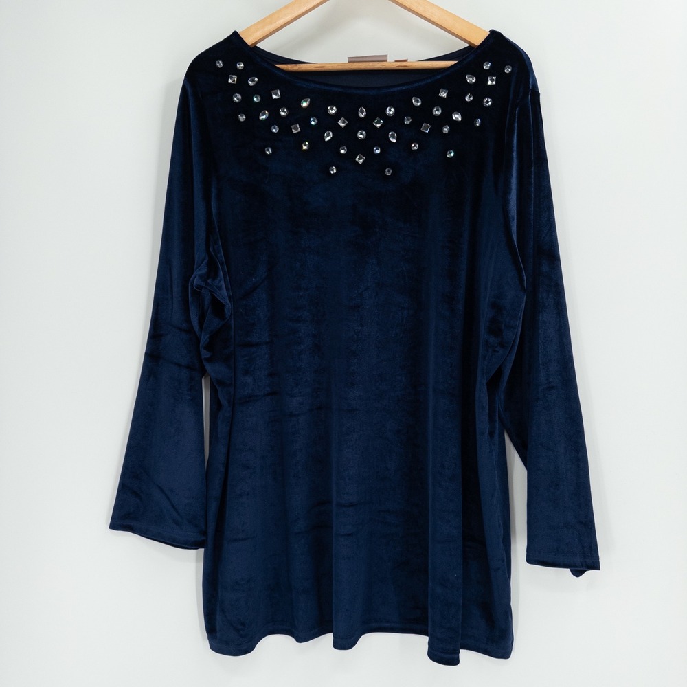 Quacker Factory Tunic Women 2X Navy Blue Velvet Rhinestone Sparkly Holiday Glam